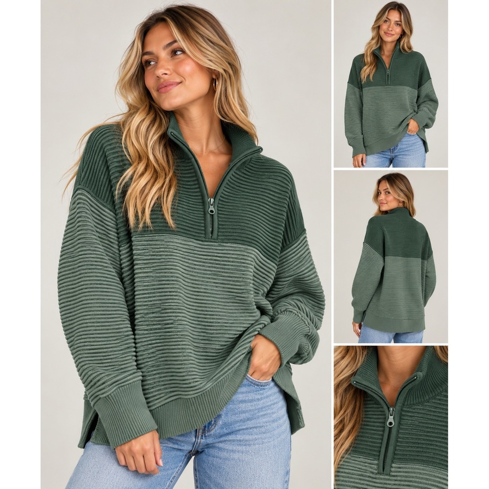 OFFLINE by Aerie Green Ribbed Quarter Zip Oversized Sweater Size L